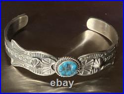 Kevin Billah Navajo Handmade Sterling Silver Stamped Kingman Turquoise Cuff sign