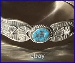 Kevin Billah Navajo Handmade Sterling Silver Stamped Kingman Turquoise Cuff sign
