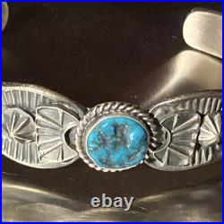Kevin Billah Navajo Handmade Sterling Silver Stamped Kingman Turquoise Cuff sign