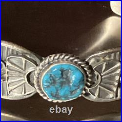 Kevin Billah Navajo Handmade Sterling Silver Stamped Kingman Turquoise Cuff sign