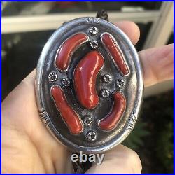 Killer! OLD PAWN NAVAJO SOUTHWESTERN SIGNED CORAL STERLING SILVER BOLO TIE