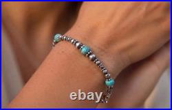 Kingman Turquoise Bracelet, Sterling Silver Southwestern Navajo Pearls, 6mm