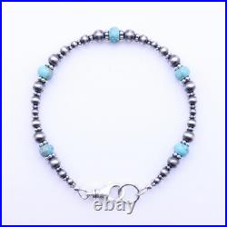Kingman Turquoise Bracelet, Sterling Silver Southwestern Navajo Pearls, 6mm