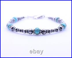 Kingman Turquoise Bracelet, Sterling Silver Southwestern Navajo Pearls, 6mm