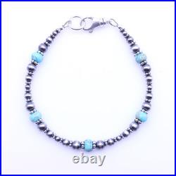 Kingman Turquoise Bracelet, Sterling Silver Southwestern Navajo Pearls, 6mm