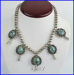 L B Begay spiderweb turquoise sterling silver VTG Navajo squash blossom necklace