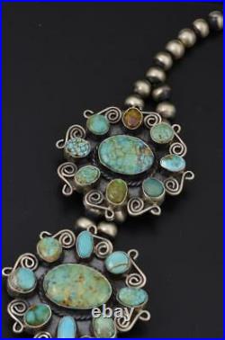 LARGE Navajo Handmade Sterling Silver + Multi-Turquoise SQUASH BLOSSOM NECKLACE