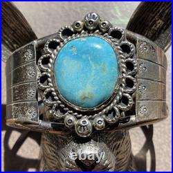 LARGE Navajo Signed Oval Turquoise Sterling Silver Vintage Cuff Bracelet