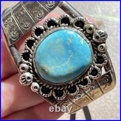 LARGE Navajo Signed Oval Turquoise Sterling Silver Vintage Cuff Bracelet