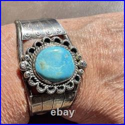 LARGE Navajo Signed Oval Turquoise Sterling Silver Vintage Cuff Bracelet