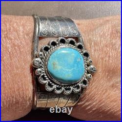 LARGE Navajo Signed Oval Turquoise Sterling Silver Vintage Cuff Bracelet