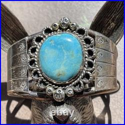 LARGE Navajo Signed Oval Turquoise Sterling Silver Vintage Cuff Bracelet