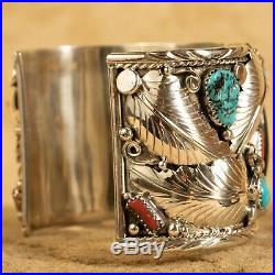 LARGE Navajo Sterling Silver Faux Bear Claw Turquoise Coral Cuff Bracelet By ES