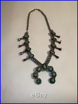 LARGE Old Pawn Navajo STERLING Silver Turquoise Squash Blossom Necklace VTG 123G