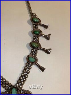 LARGE Old Pawn Navajo STERLING Silver Turquoise Squash Blossom Necklace VTG 123G