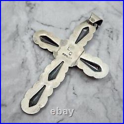 LC Signed Navajo Sterling Silver Cross Necklace Pendant 3.5 x 2.5