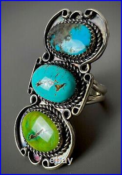 LONG Vintage Navajo Sterling Silver Royston & Kingman Turquoise Statement Ring
