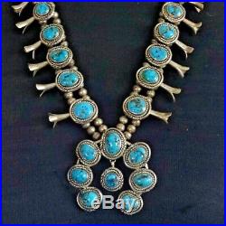 LOVELY Vintage NAVAJO Sterling Silver MORENCI Turquoise SQUASH BLOSSOM Necklace