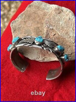 Ladies Navajo Sterling Silver 4 Leaf Turquoise Cuff Bracelet Crafted And Signed