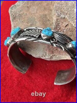 Ladies Navajo Sterling Silver 4 Leaf Turquoise Cuff Bracelet Crafted And Signed