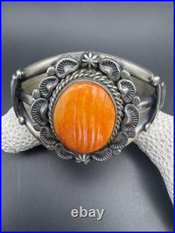 Landoll Benally Navajo Sterling Silver & Orange Spiny Oyster Cuff Bracelet Sz 6 Landoll Benally Navajo Sterling Silver & Orange Spiny Oyster Cuff Bracelet Sz 6