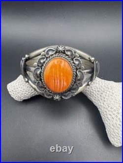 Landoll Benally Navajo Sterling Silver & Orange Spiny Oyster Cuff Bracelet Sz 6
