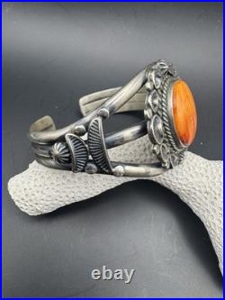 Landoll Benally Navajo Sterling Silver & Orange Spiny Oyster Cuff Bracelet Sz 6