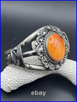 Landoll Benally Navajo Sterling Silver & Orange Spiny Oyster Cuff Bracelet Sz 6