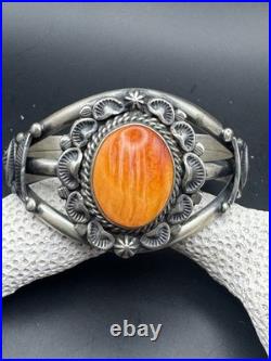 Landoll Benally Navajo Sterling Silver & Orange Spiny Oyster Cuff Bracelet Sz 6