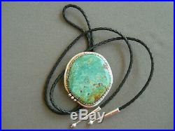 Large Native American Indian Green Turquoise Sterling Silver Bolo Tie Signed J