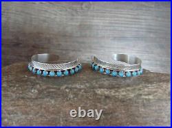 Large Navajo Indian Sterling Silver Turquoise Row Feather Hoop Earrings by Davis