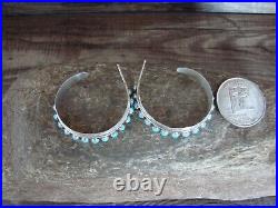 Large Navajo Indian Sterling Silver Turquoise Row Feather Hoop Earrings by Davis
