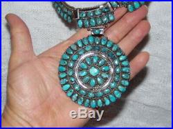 Large Sterling Turquoise Squash Blossom Cluster Necklace 3 Pendant