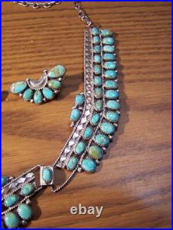 Large Turquoise Sterling silver squash blossom necklace & Earrings Navajo
