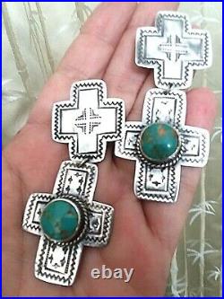 Large Vintage Navajo Hand Stamped Cross Sterling Silver and Turquoise Earrings