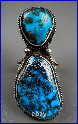 Large Vintage Navajo Long Sterling Silver Natural Vivid Blue Turquoise Ring