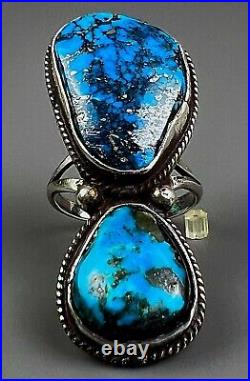 Large Vintage Navajo Long Sterling Silver Natural Vivid Blue Turquoise Ring