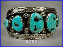 Large Vintage Navajo Sterling Silver Blue Diamond Turquoise Cuff Bracelet