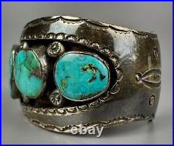 Large Vintage Navajo Sterling Silver Blue Diamond Turquoise Cuff Bracelet