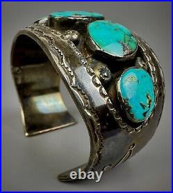 Large Vintage Navajo Sterling Silver Blue Diamond Turquoise Cuff Bracelet