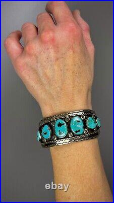 Large Vintage Navajo Sterling Silver Blue Diamond Turquoise Cuff Bracelet