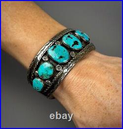 Large Vintage Navajo Sterling Silver Blue Diamond Turquoise Cuff Bracelet