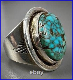 Large Vintage Navajo Sterling Silver Spiderweb Turquoise Domed Ring NICE STONE