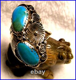 Large Vintage Navajo Turquoise Feather Sterling Silver 925 Ring