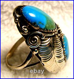 Large Vintage Navajo Turquoise Feather Sterling Silver 925 Ring