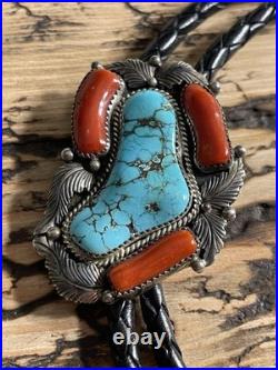 Late Ray Bennett Navajo Sterling Silver Turquoise Coral Bolo Tie VINTAGE Raymond