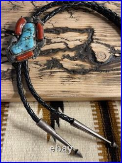 Late Ray Bennett Navajo Sterling Silver Turquoise Coral Bolo Tie VINTAGE Raymond