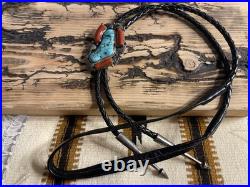 Late Ray Bennett Navajo Sterling Silver Turquoise Coral Bolo Tie VINTAGE Raymond