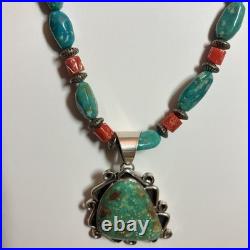 Lg Vintage Triangle Turquoise Signed Navajo Sterling Pendant Coral 18 Necklace