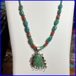 Lg Vintage Triangle Turquoise Signed Navajo Sterling Pendant Coral 18 Necklace